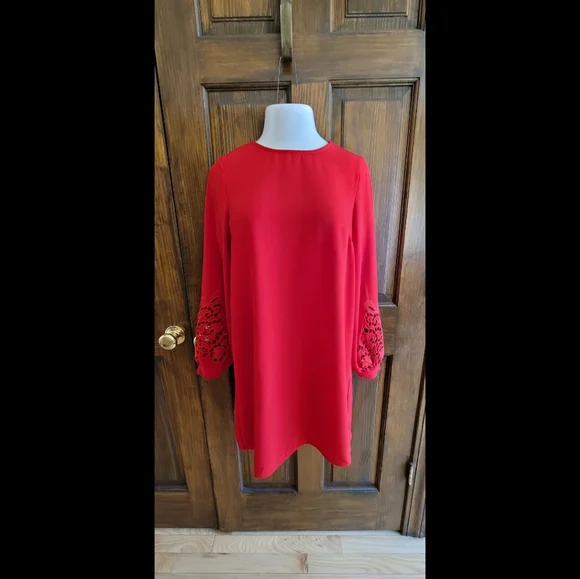 H&M Red Dress with Embroidered Long Sleeves Sz 6 H&M Red Dress with Embroidered Long Sleeves Sz 6